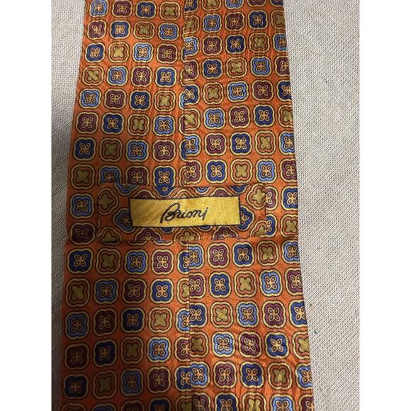 Brioni Tie Mens Orange Blue Silk Handmade in Italy Medallion Geometric Necktie - Picture 6 of 8